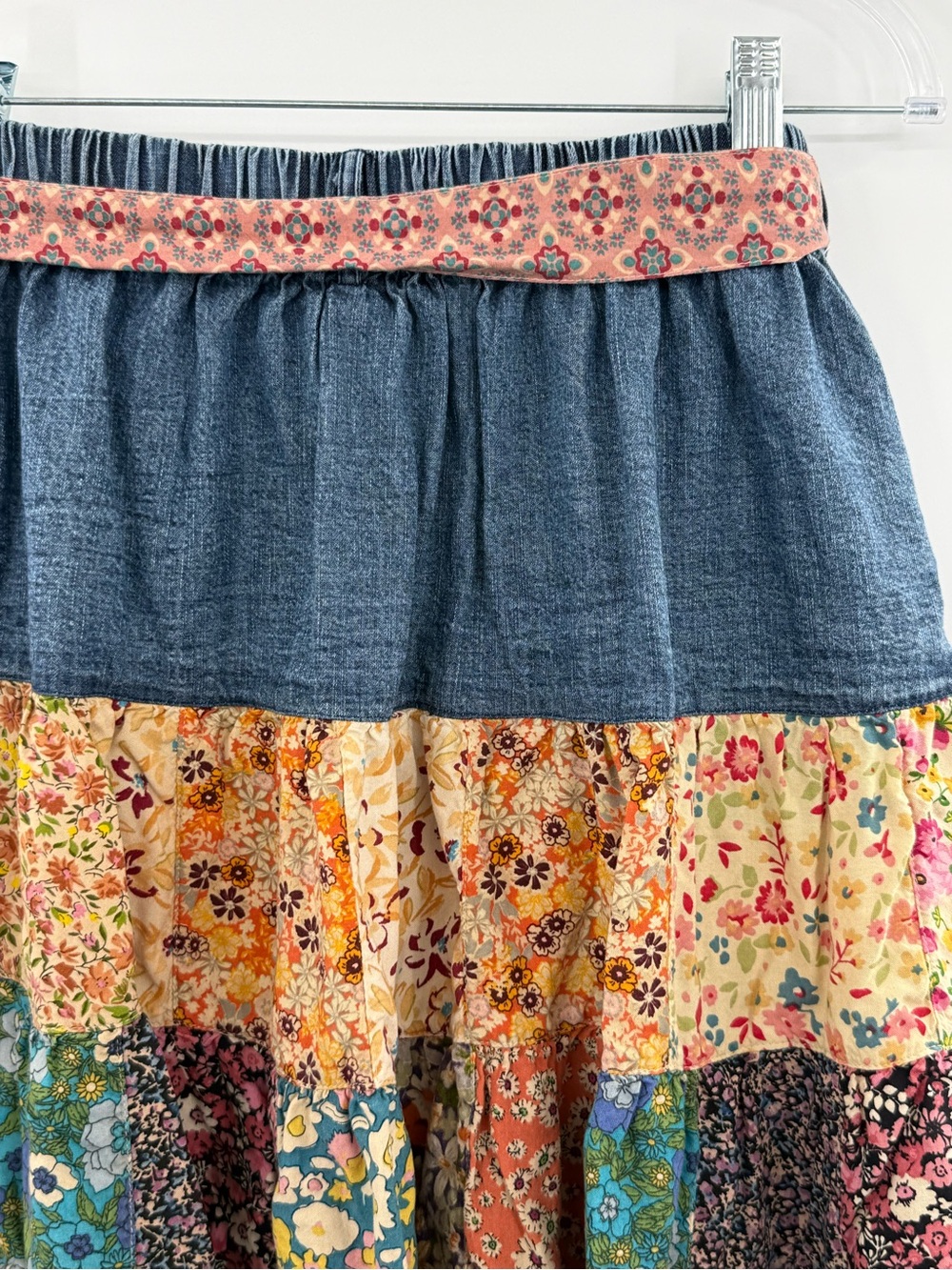 Young Threads Patchwork Floral Denim Skirt Size Medium Boho Prairie Cottagecore - Picture 4 of 10